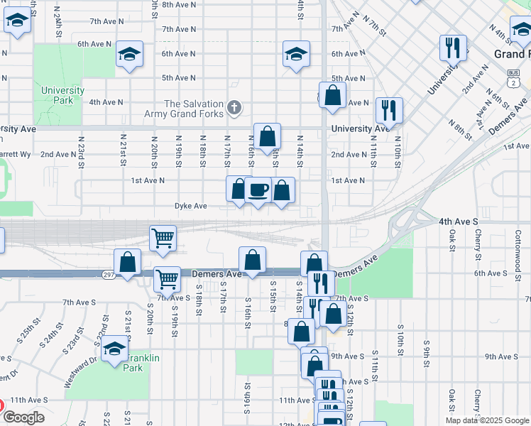 map of restaurants, bars, coffee shops, grocery stores, and more near 1509 Dyke Avenue in Grand Forks