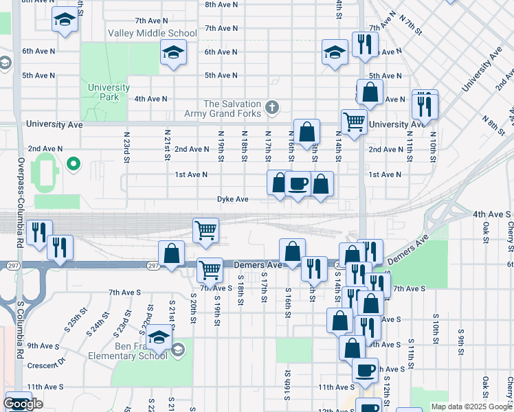 map of restaurants, bars, coffee shops, grocery stores, and more near 1709 Dyke Avenue in Grand Forks