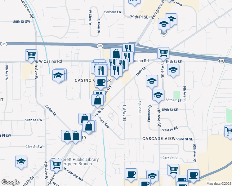 map of restaurants, bars, coffee shops, grocery stores, and more near 212 Edmonds Road in Everett