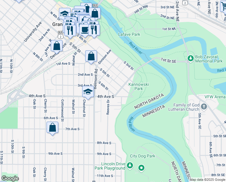 map of restaurants, bars, coffee shops, grocery stores, and more near 521 South 6th Street in Grand Forks