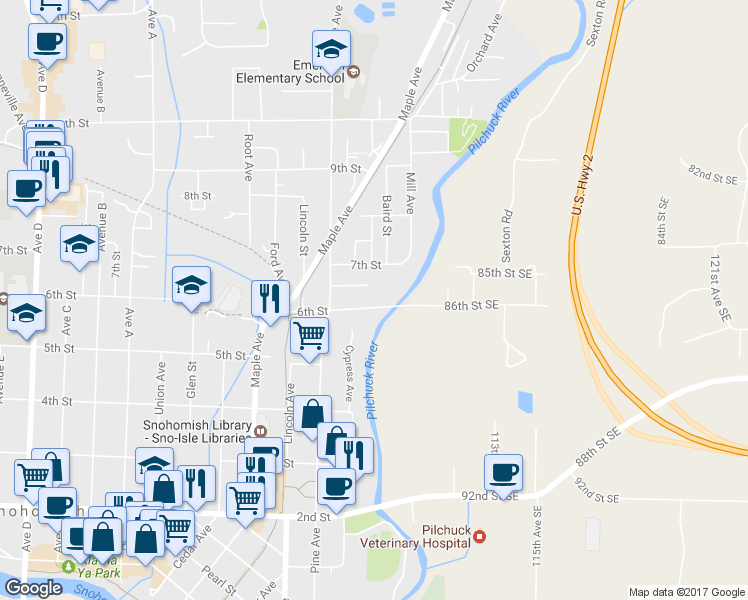 map of restaurants, bars, coffee shops, grocery stores, and more near 202 6th Street in Snohomish