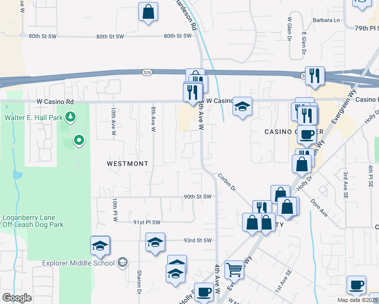 map of restaurants, bars, coffee shops, grocery stores, and more near 8710 5th Avenue West in Everett