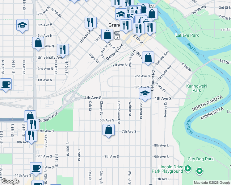 map of restaurants, bars, coffee shops, grocery stores, and more near 308 Cottonwood Street in Grand Forks