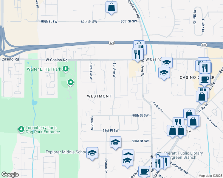 map of restaurants, bars, coffee shops, grocery stores, and more near 8712 8th Avenue West in Everett