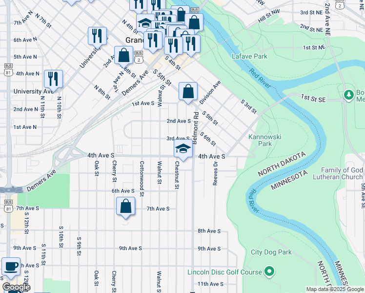 map of restaurants, bars, coffee shops, grocery stores, and more near 310 Belmont Road in Grand Forks