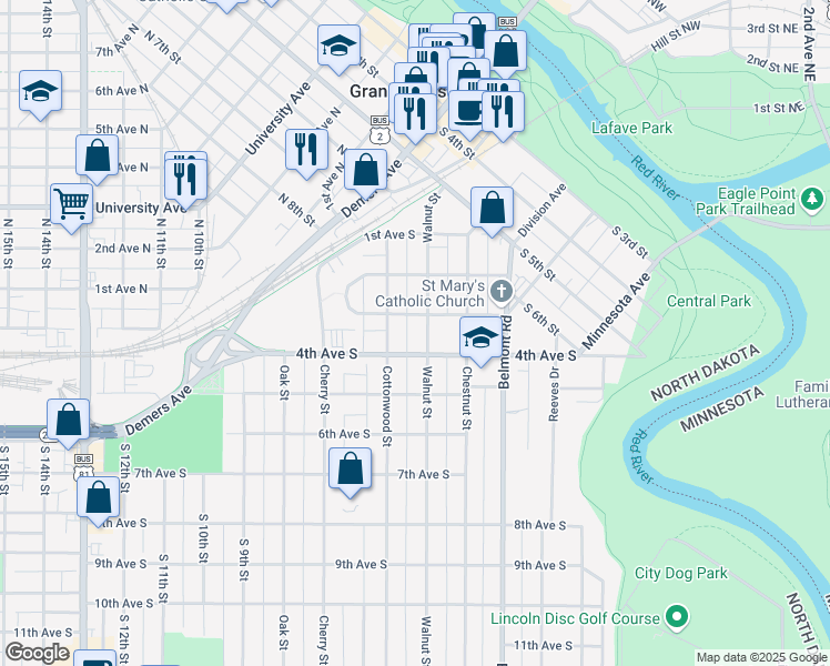 map of restaurants, bars, coffee shops, grocery stores, and more near 310 Walnut Street in Grand Forks