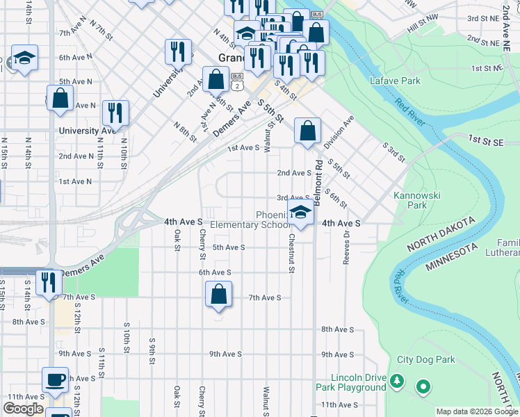 map of restaurants, bars, coffee shops, grocery stores, and more near 310 Walnut Street in Grand Forks