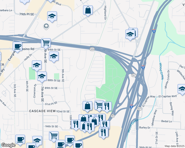 map of restaurants, bars, coffee shops, grocery stores, and more near 1415 84th Street Southeast in Everett