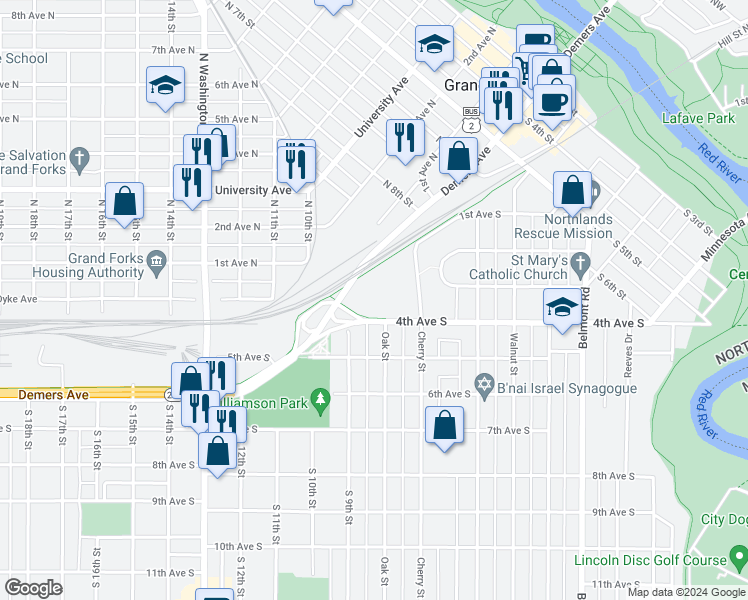 map of restaurants, bars, coffee shops, grocery stores, and more near 810 4th Avenue South in Grand Forks