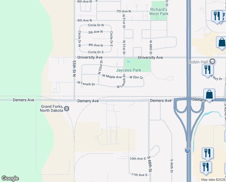 map of restaurants, bars, coffee shops, grocery stores, and more near 5173 West Lanark Drive in Grand Forks