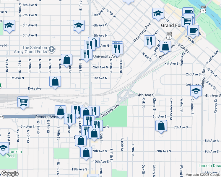 map of restaurants, bars, coffee shops, grocery stores, and more near 1 North 11th Street in Grand Forks