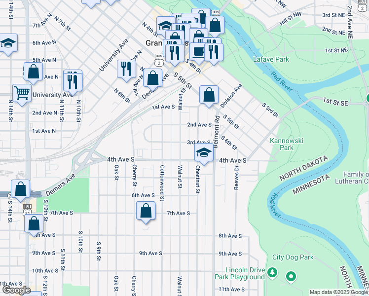 map of restaurants, bars, coffee shops, grocery stores, and more near 324 Chestnut Street in Grand Forks
