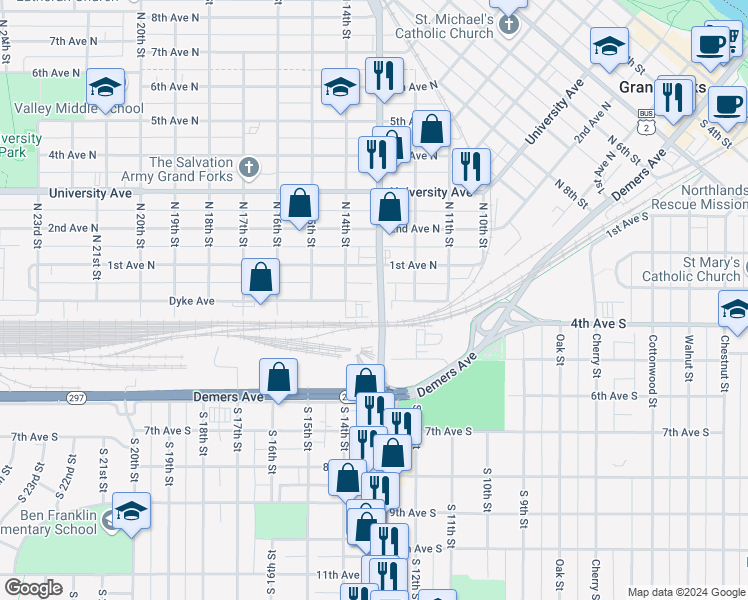 map of restaurants, bars, coffee shops, grocery stores, and more near 1 North Washington Street in Grand Forks