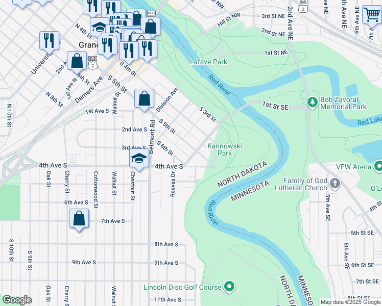 map of restaurants, bars, coffee shops, grocery stores, and more near 522 South 5th Street in Grand Forks