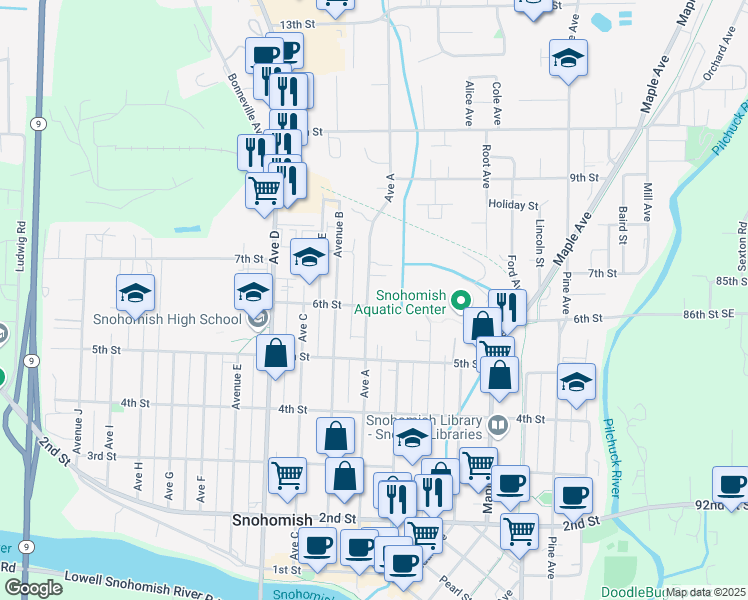 map of restaurants, bars, coffee shops, grocery stores, and more near 601 Avenue A in Snohomish