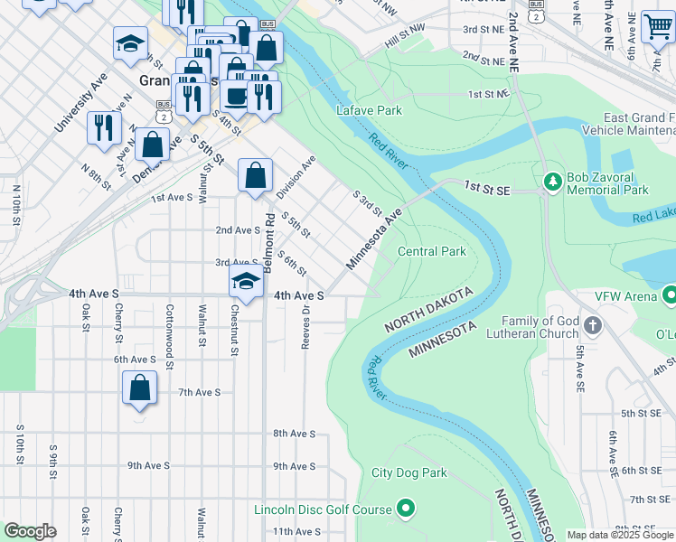 map of restaurants, bars, coffee shops, grocery stores, and more near 521 South 6th Street in Grand Forks