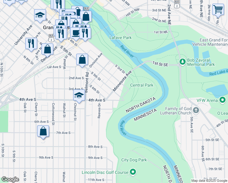 map of restaurants, bars, coffee shops, grocery stores, and more near 602 South 5th Street in Grand Forks