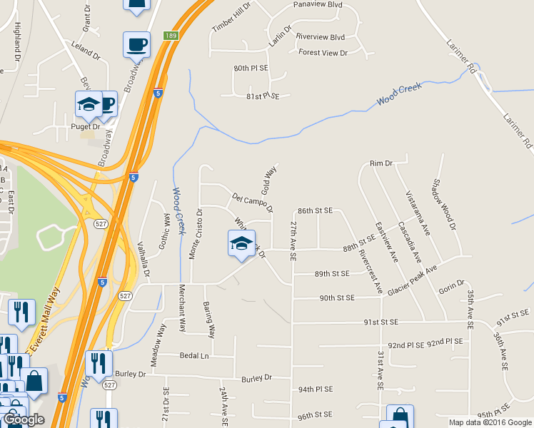 map of restaurants, bars, coffee shops, grocery stores, and more near 2527 Helena Lane in Everett