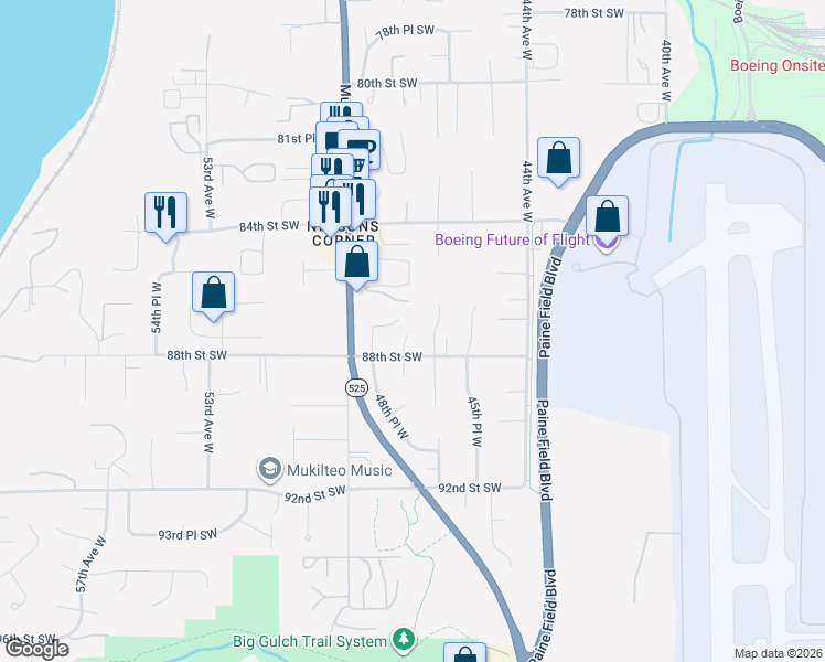 map of restaurants, bars, coffee shops, grocery stores, and more near 4653 88th Street Southwest in Mukilteo