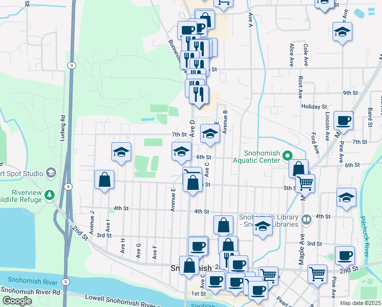 map of restaurants, bars, coffee shops, grocery stores, and more near 614 Avenue D in Snohomish