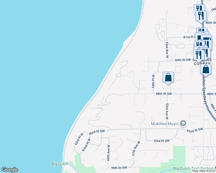 map of restaurants, bars, coffee shops, grocery stores, and more near 8714 60th Avenue West in Mukilteo
