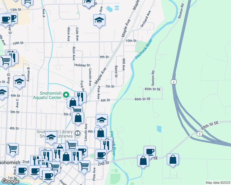 map of restaurants, bars, coffee shops, grocery stores, and more near 202 6th Street in Snohomish