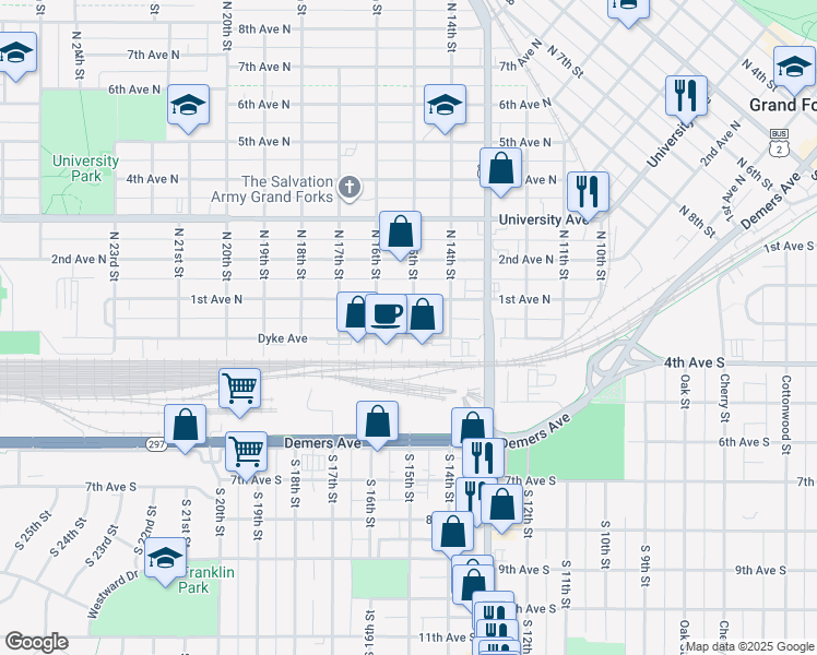 map of restaurants, bars, coffee shops, grocery stores, and more near 1509 Dyke Avenue in Grand Forks