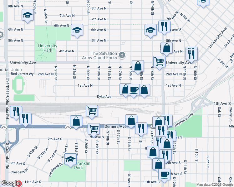 map of restaurants, bars, coffee shops, grocery stores, and more near 1709 Dyke Avenue in Grand Forks