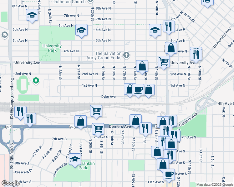 map of restaurants, bars, coffee shops, grocery stores, and more near 1709 Dyke Avenue in Grand Forks