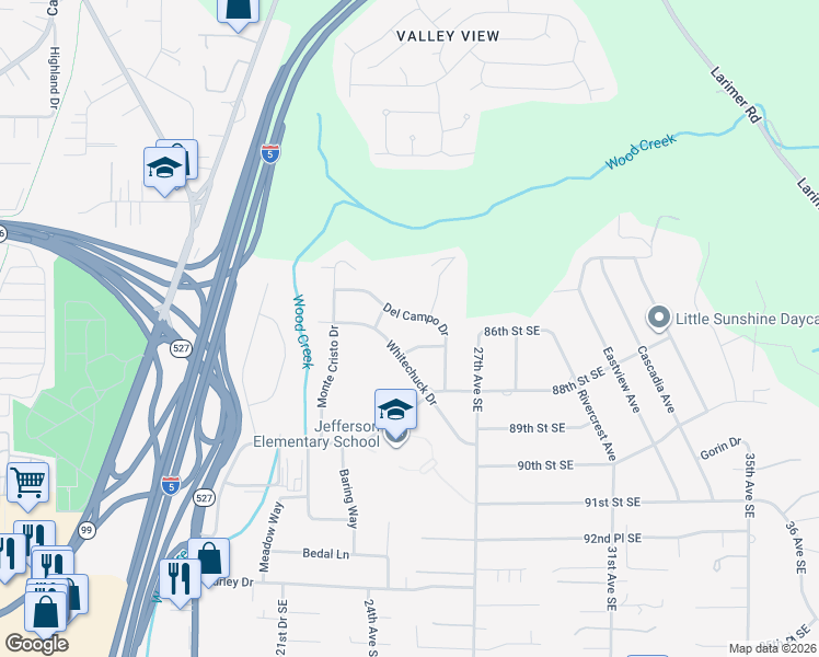 map of restaurants, bars, coffee shops, grocery stores, and more near 2432 Del Campo Drive in Everett