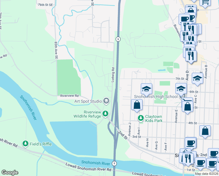 map of restaurants, bars, coffee shops, grocery stores, and more near 528 Ludwig Road in Snohomish