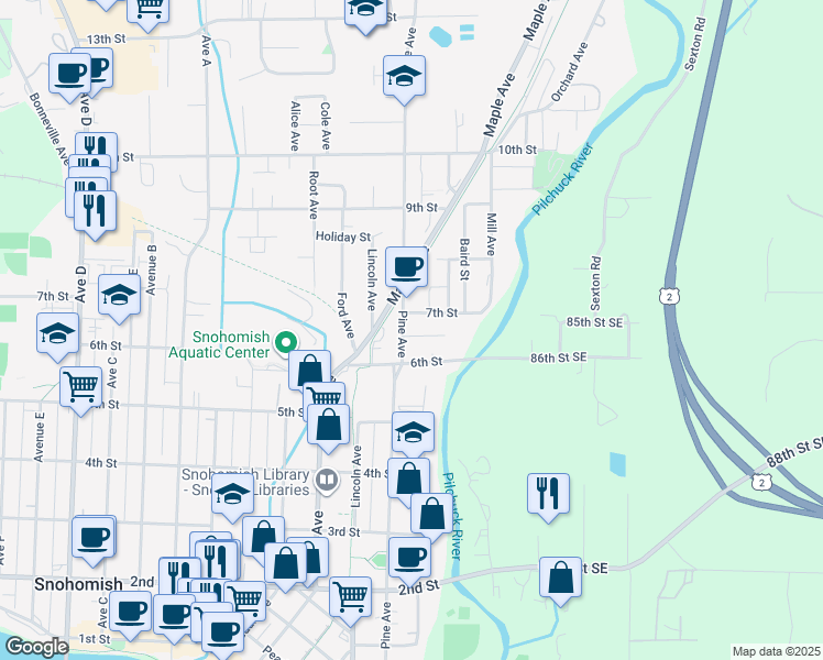 map of restaurants, bars, coffee shops, grocery stores, and more near 226 6th Street in Snohomish