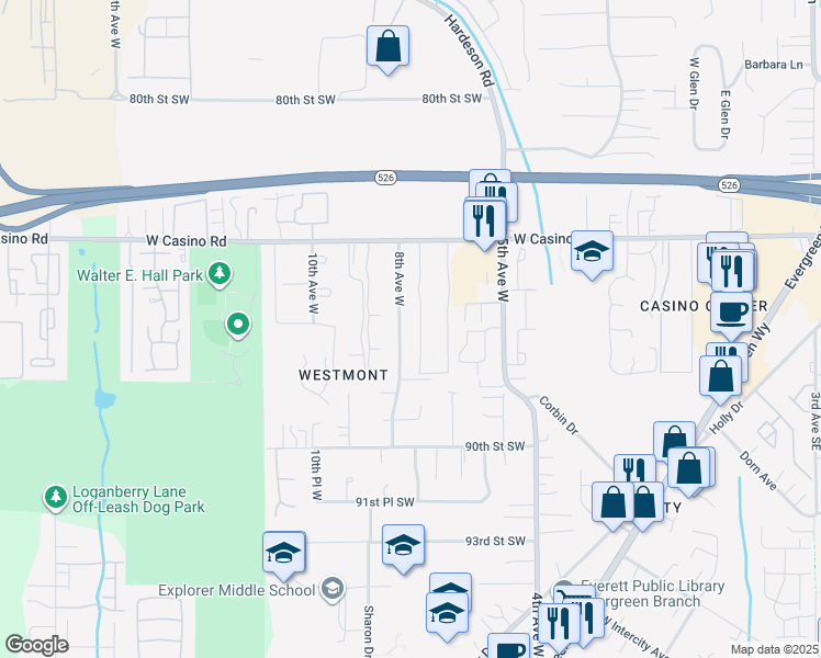 map of restaurants, bars, coffee shops, grocery stores, and more near 8709 8th Avenue West in Everett