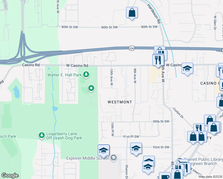 map of restaurants, bars, coffee shops, grocery stores, and more near 8510 10th Avenue West in Everett
