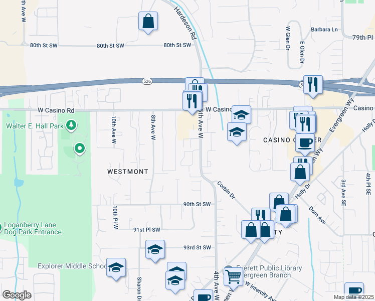 map of restaurants, bars, coffee shops, grocery stores, and more near 8710 5th Avenue West in Everett