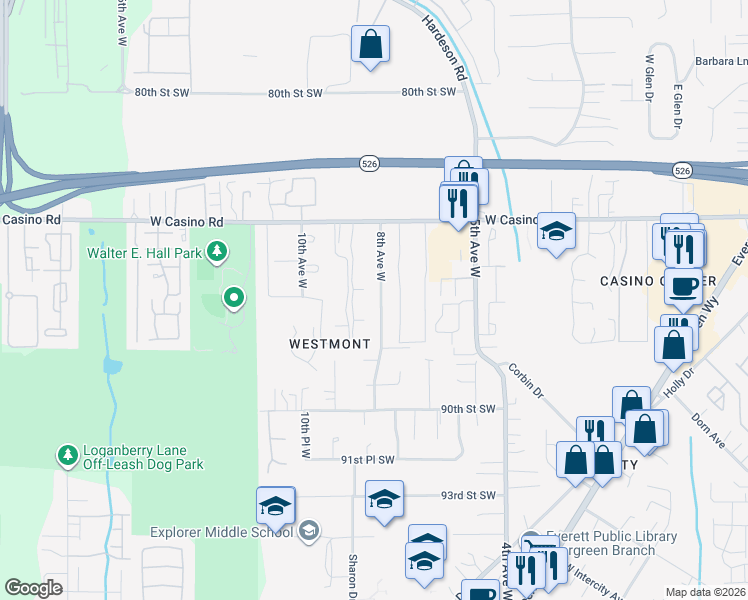 map of restaurants, bars, coffee shops, grocery stores, and more near 8616 8th Avenue West in Everett