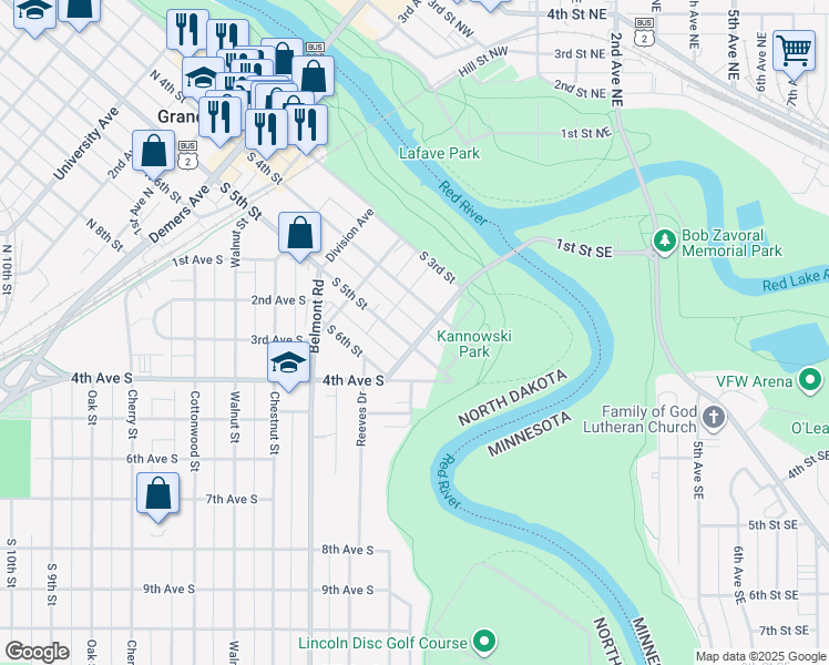 map of restaurants, bars, coffee shops, grocery stores, and more near 521 South 5th Street in Grand Forks