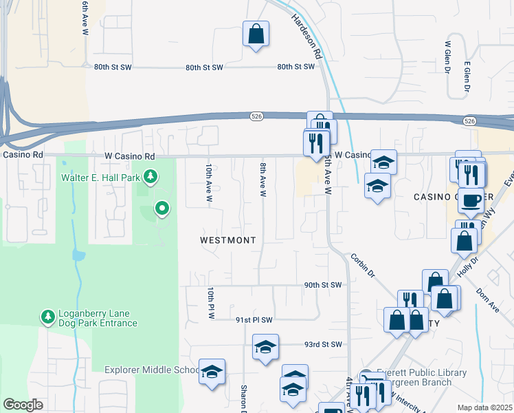 map of restaurants, bars, coffee shops, grocery stores, and more near 8712 8th Avenue West in Everett