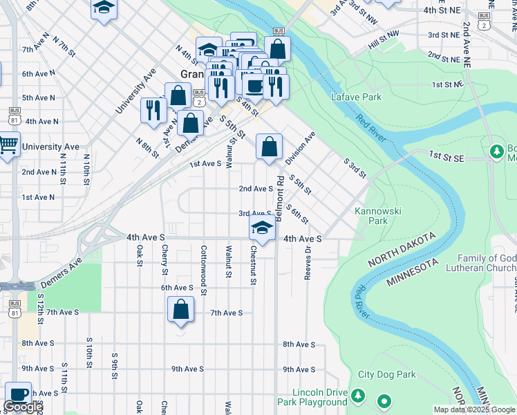 map of restaurants, bars, coffee shops, grocery stores, and more near in Grand Forks