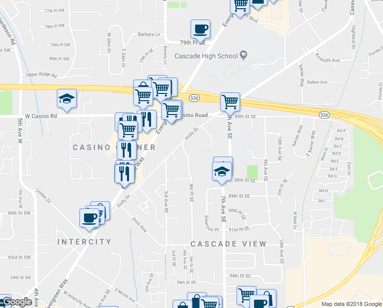 map of restaurants, bars, coffee shops, grocery stores, and more near 8613 4th Place Southeast in Everett