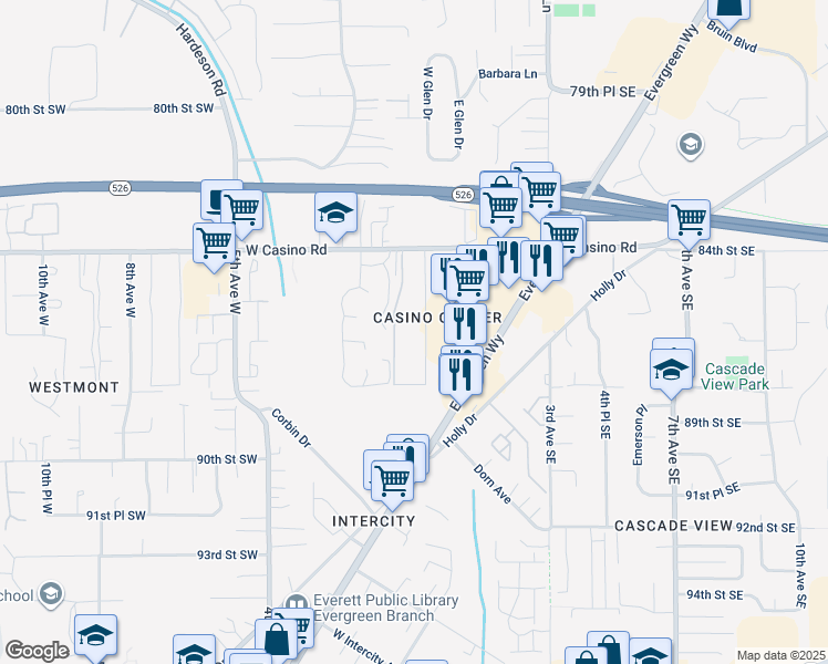 map of restaurants, bars, coffee shops, grocery stores, and more near 2 West Casino Road in Everett