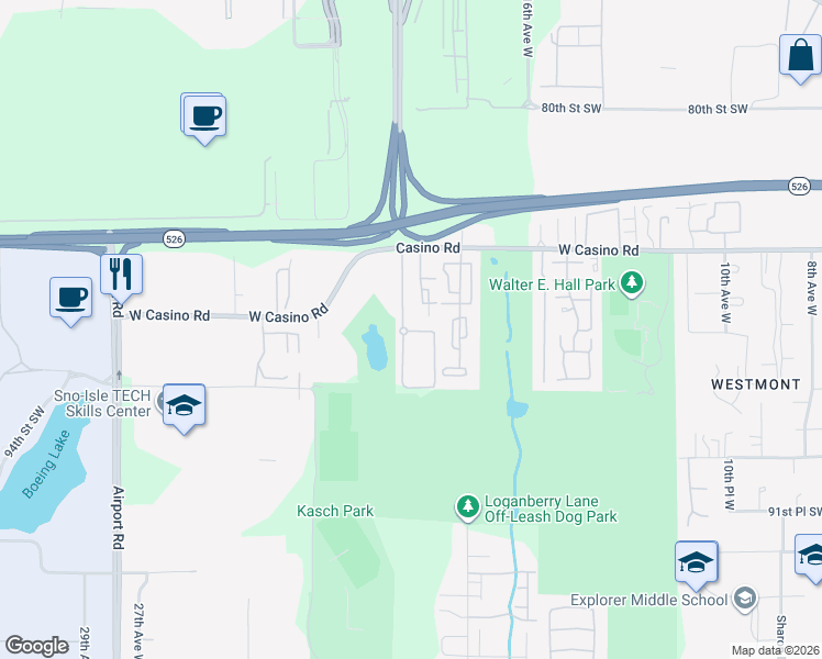map of restaurants, bars, coffee shops, grocery stores, and more near 1926 West Casino Road in Everett