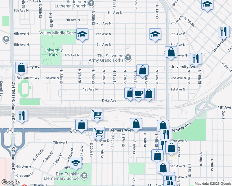 map of restaurants, bars, coffee shops, grocery stores, and more near 1708 1st Avenue North in Grand Forks