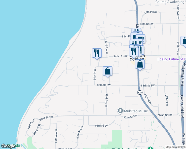 map of restaurants, bars, coffee shops, grocery stores, and more near 8614 54th Place West in Mukilteo