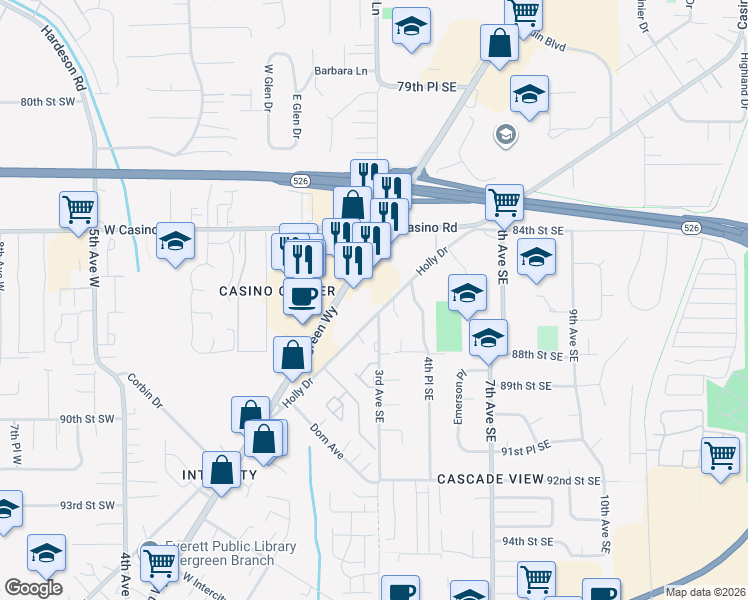map of restaurants, bars, coffee shops, grocery stores, and more near 8519 Evergreen Way in Everett