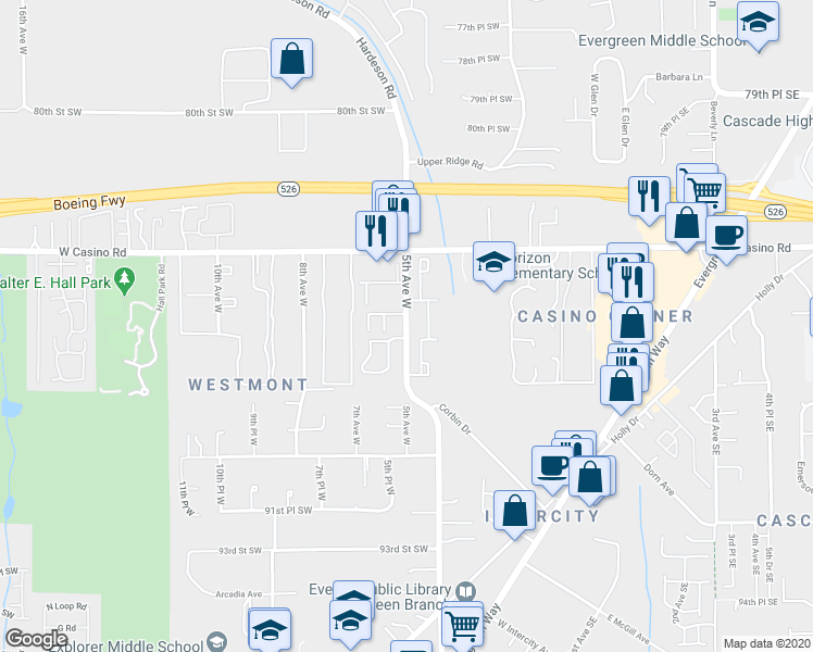 map of restaurants, bars, coffee shops, grocery stores, and more near 8557 5th Avenue West in Everett