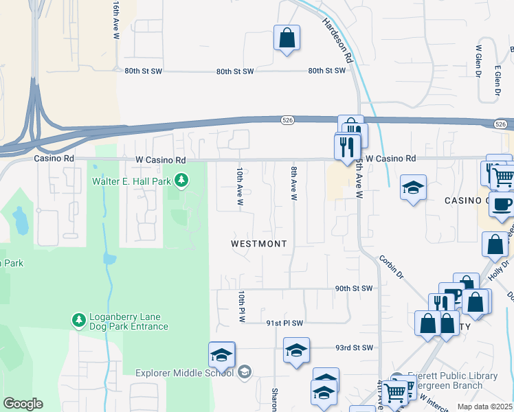map of restaurants, bars, coffee shops, grocery stores, and more near 900 West Casino Road in Everett