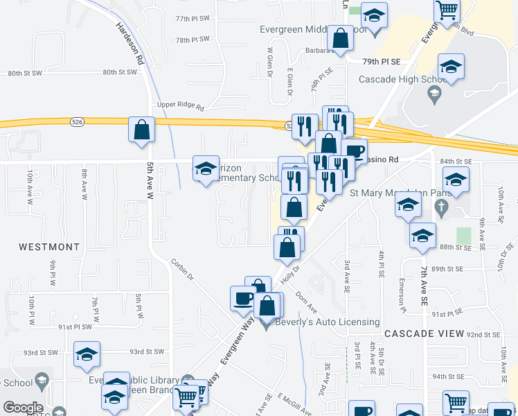 map of restaurants, bars, coffee shops, grocery stores, and more near 2 West Casino Road in Everett