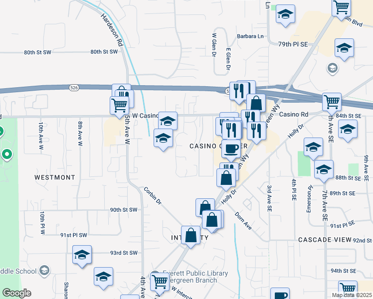 map of restaurants, bars, coffee shops, grocery stores, and more near 120 West Casino Road in Everett