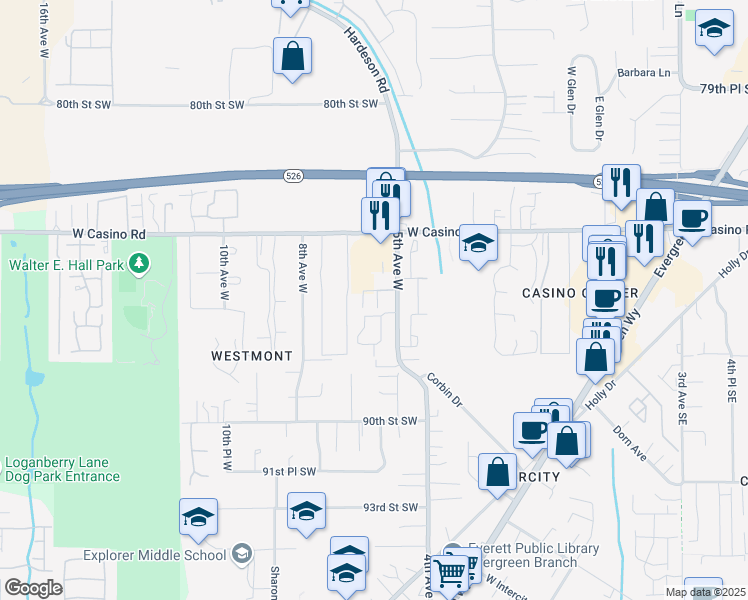 map of restaurants, bars, coffee shops, grocery stores, and more near 8520 5th Avenue West in Everett